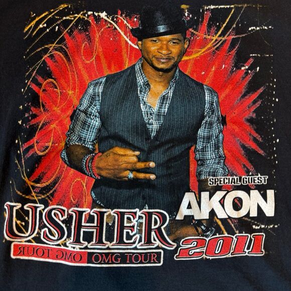 2011 Usher & Akon OMG Double Sided Concert Tour Tee XL Black - Picture 3 of 6